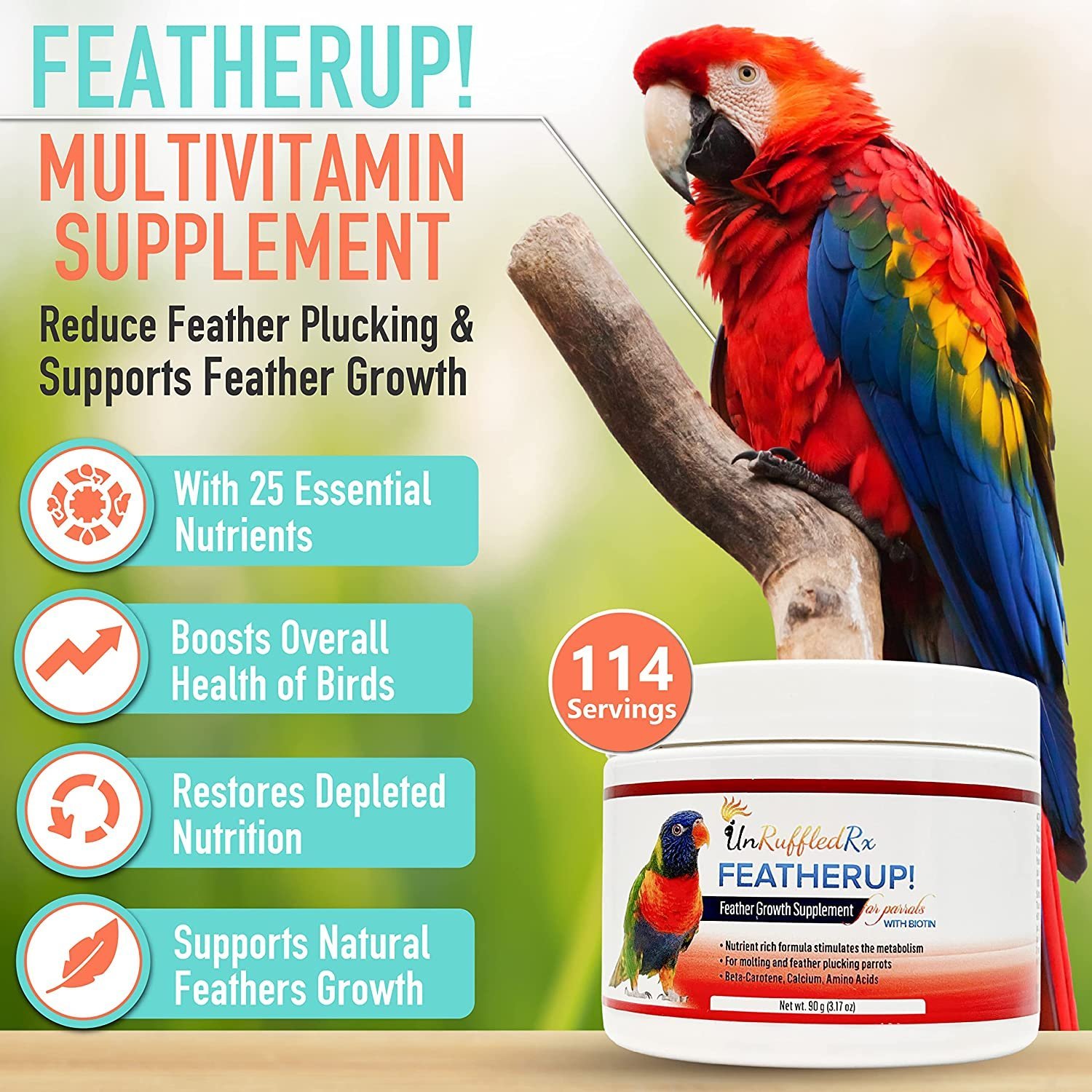 UnRuffledRx FeatherUp! Bird Multivitamin with Biotin - Image 3